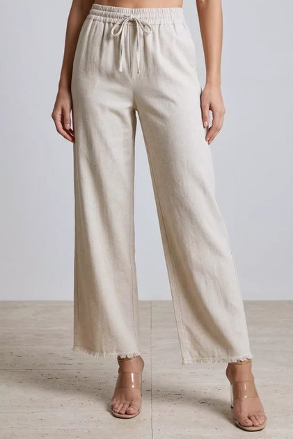 Women's Linen Trousers with Elastic Waistband and Tassels