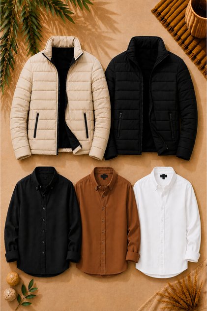 Men's Winter Combination Set of 5 – 2 Quilted Zippered Pocket Coats + 3 Sofia Linen Seasonal Shirts