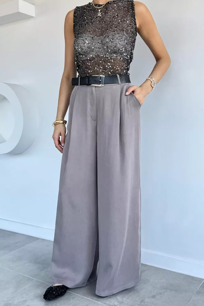 Women's High Waist Tencel Fabric Trousers with Belt Accessory
