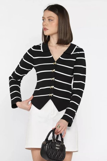 Women's Striped Patterned Bow Button Detailed Knitwear Cardigan