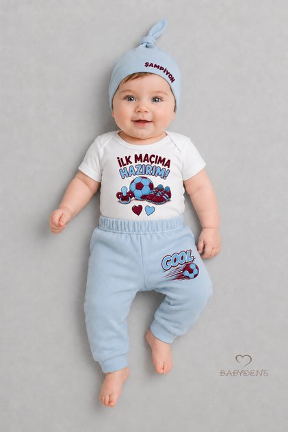 Baby 3-Piece Set Burgundy Blue Fan Themed Short Sleeve 100% Cotton Newborn Bodysuit Pants Hat Set I'M Ready for My First Match 0-9 Months