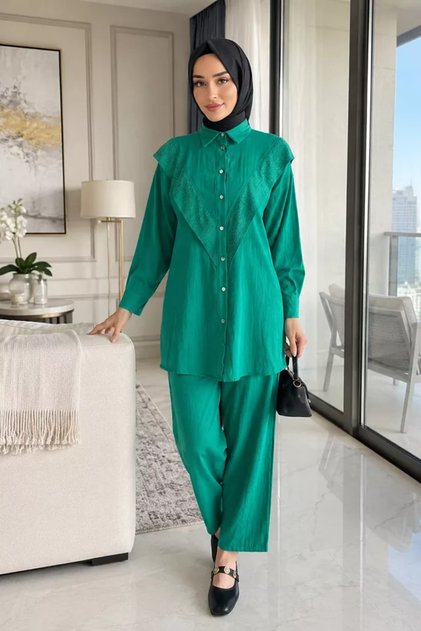 Folded Front Stoned Hijab Tunic and Pants Double Set
