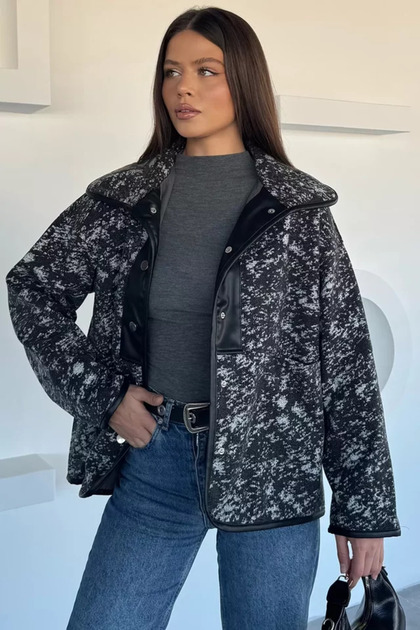 Women's Inner Lined Leather Garnished Snap Fastener Patterned Jacket