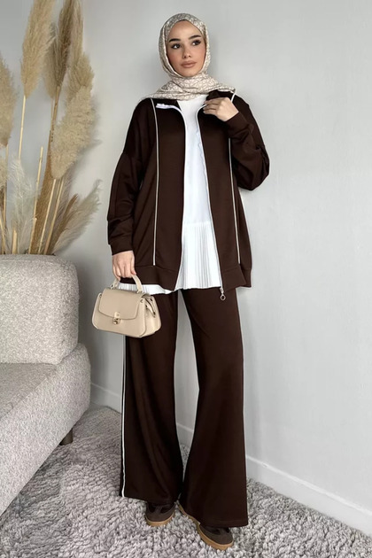 Front Zipper Striped Tunic with Elastic Waist Pants, Islamic Clothing Two-Piece Set