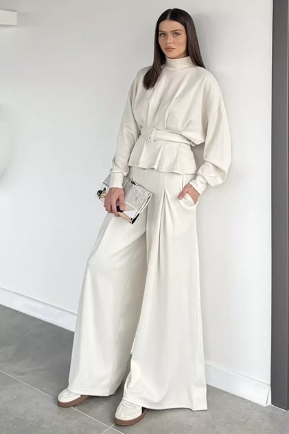 Women's Thessaloniki Fabric Belted Blouse and Trousers Two-Piece Set