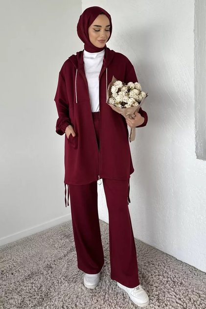 Front Zippered Hooded Tunic with Elastic Waist Pants, Islamic Clothing Two-Piece Set