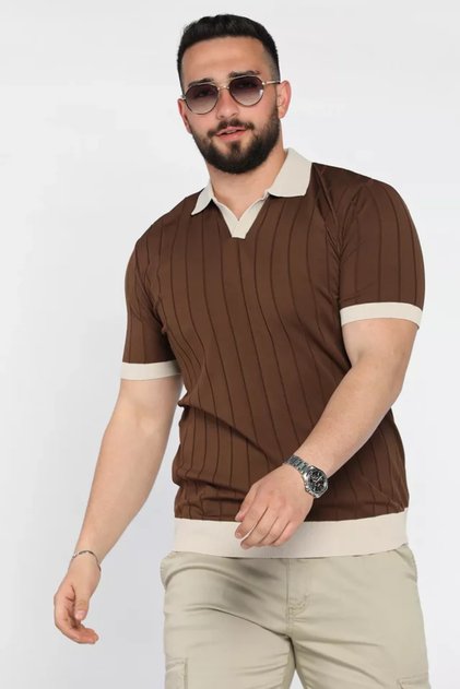 Men's Polo Neck Self-Line Patterned Color-Embellished Knitwear T-Shirt