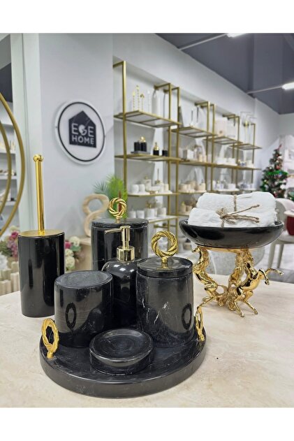Decorative Natural Black Marble 8-Piece Bathroom Set with Gold Details / Black Stand-Up Bowl