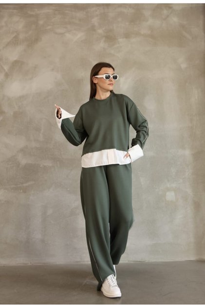 Women's Green Oversize Shirt and Piping Detailed Two-Piece Set
