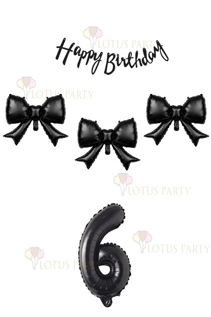 3 Pieces of Black Bow Balloons, 1 Piece of Black Number Balloon, 1 Piece of Black Happy Birthday Text Balloon.