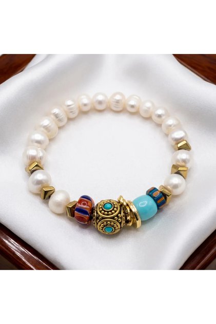 Real Freshwater Pearl 316L Steel Gold Detailed Hematite Natural Stone Antique Design Women's Flexible Bracelet