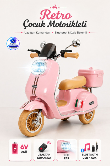 Retro Akülü Çocuk Motoru 3 Tekerlekli 50kg Taşıma Kapasiteli - Uzaktan Kumandalı Bluetooth Müzikli LED Farlı Akülü Motor 2-6 Yaş