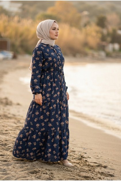 Haki̇m Collar Half Buttoned Waist Tieed Patterned Women's Tunic Viscose Dress
