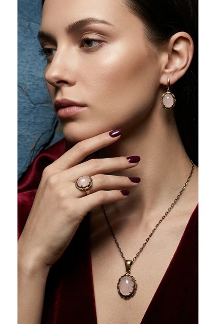Bronze Women's Copper Women'Sjewelry Set Pink Quartzstone Vintage Necklace Earrings Ring Set