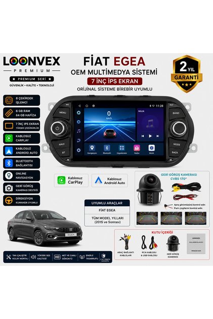 Premium Fiat Egea OEM 7 İnç Multimedya Ekran | 8 Çekirdek | 6GB RAM | 64GB | Geri Görüş Kameralı