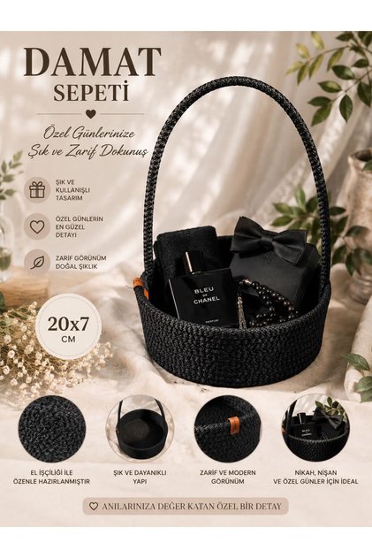 HASIR JÜT Siyah Damat Sepeti , Şekerlik , Kına , Nikah , Söz Sepeti El İşçiliği 20x7