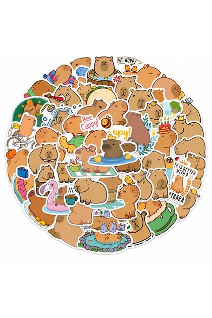 Set 50 Stickere Decorative, Flippy, Modele Capybara Cartoon, din Vinil, Impermeabile, Aproximativ 5.27 x 5.42 cm, Multicolor