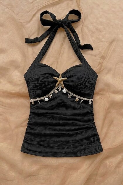 Black Starfish Detailed Y2K Strappy Crop Top