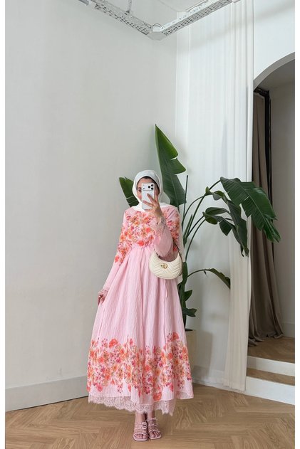 Printed Lace Detailed Dress with Tunnel-Lined Waist