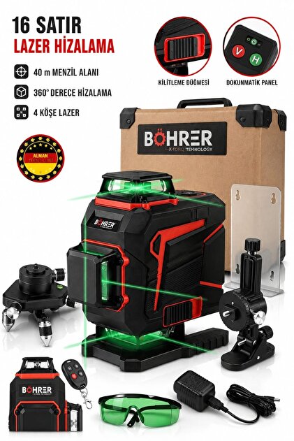 BA0115375 16 Çizgi 4D Yeşil Lazer Terazi – 360° Otomatik Hizalama, 40 Metre Menzil, Dokunmatik Panel