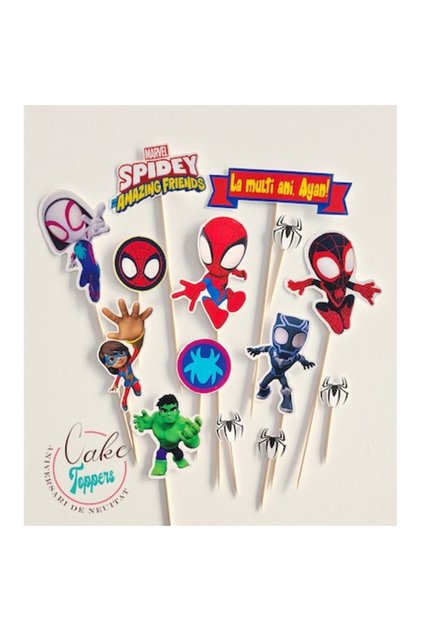 Set de toppere personalizate Spidey, carton lucios, 5x12cm, lucrate manual, montate pe bețe de lemn/bambus