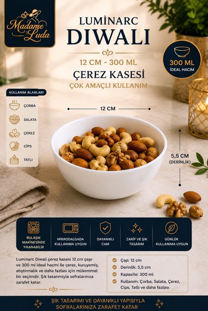 Diwali Beyaz 6’lı Kase Seti 300 ML / 12 CM Çerezlik & Cips Kasesi.(ÇOK AMAÇLI KASE)