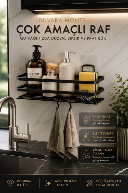 Paslanmaz Metal Mutfak Düzenleyici Kolay Montajlı Raf, Demonte Kancalı Sabunluk Deterjanlık Yapışkanlı Standı