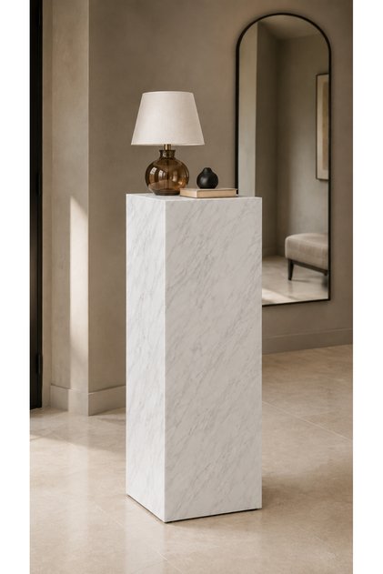 High-Quality MDF Decorative Display Pedestal Stand – Marble-Look Side Table, Plant & Home Décor Stand – White and Black – 80 × 30 × 30 cm