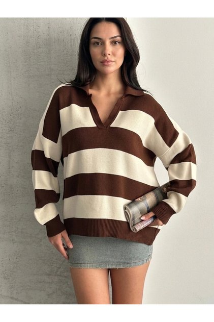 Women's Gray Yellow Striped Oversize Polo Collar Knit Sweater