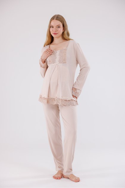 Beige Special Lace Detailed Design Cotton Long Sleeve Maternity Pajama Set