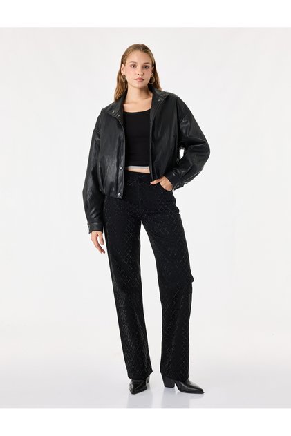 Regular Waist Cotton Straight Leg Denim Trousers with Stoned Pockets - Straight Fit Jean