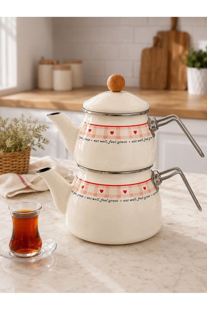 Özel Seri Ahşap Kulplu Cutie Emaye Çaydanlık Takımı Kalp Desenli