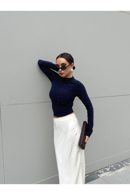 Knitted Fabric Stone-Embellished Blouse Navy Blue