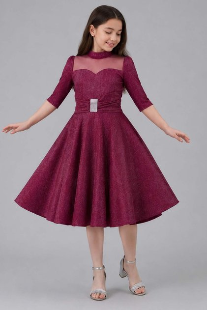 Girl's Waist Belt and Stone Brooch Detailed Evening Dress with Transparent Tulle on the Chest, Glittery Burgundy Half Sleeve Evening Dress