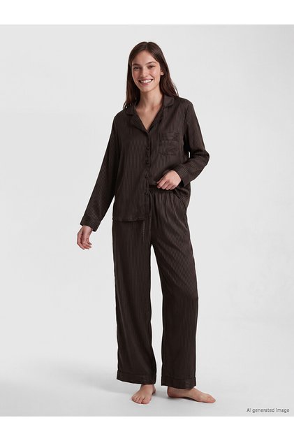 Lcw Dream Brown Shirt Collar Striped Satin Women's Pajamas Set