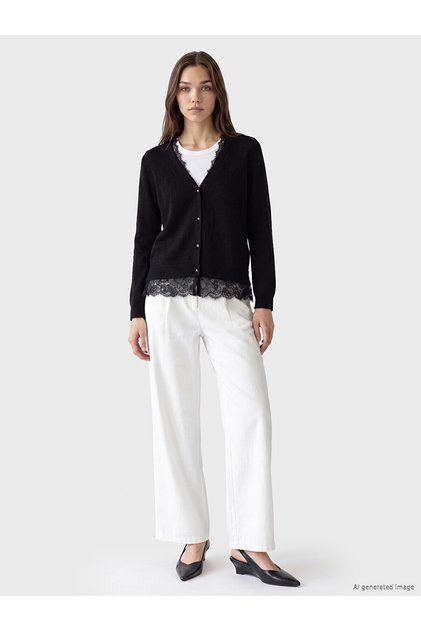 Lcw Modest Black V-Neck Lace Detailed Women's Knitwear Cardigan