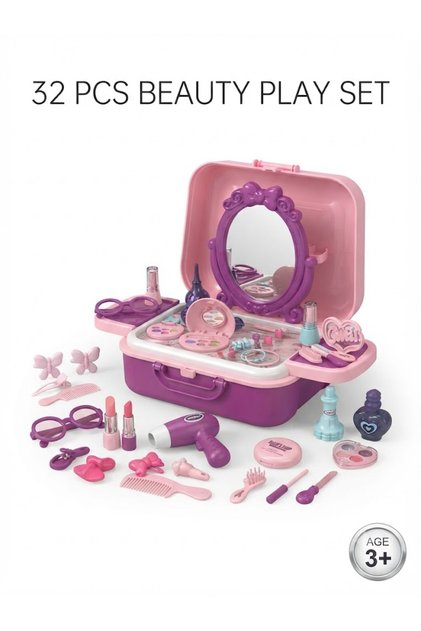 Kids Beauty Shop Briefcase Makeup Pretend Play Set 32 Pcs – 3-in-1 Portable Cosmetic Toy Set with Mirror & Beauty Accessories, 3+ Years