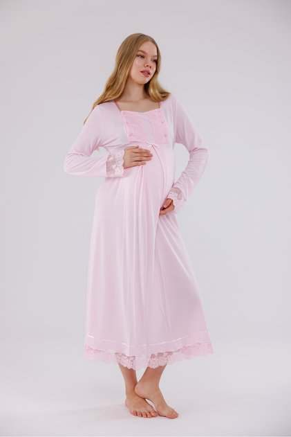 Powder Special Lace Detailed Design Cotton Long Sleeve Maternity Nightgown with Breastfeeding Feature