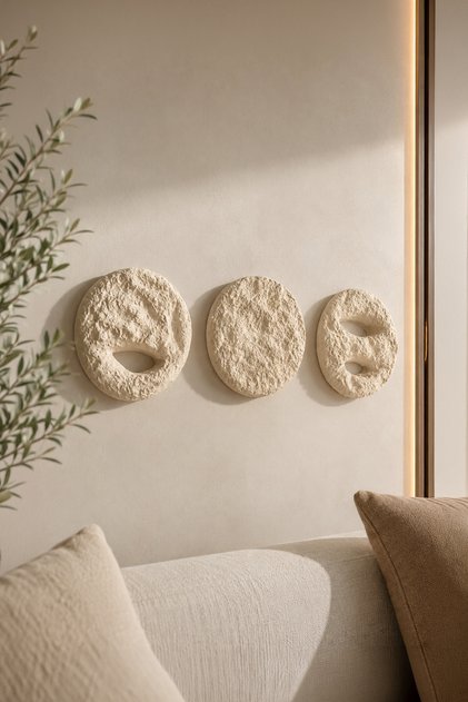 Wabi Sabi Duvar Dekoru 3'lü Set Siyah Beton Taş Görünümlü Dokulu Daire Duvar Pano Obje MUYİKA-Ay Krater Krem