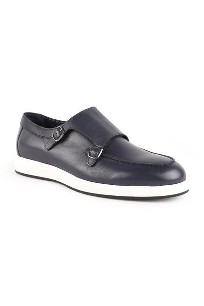 Men's Casual Shoes Navy Blue Genuine Leather Double Buckle Monk Strap Lightweight White Eva Sole Sneaker