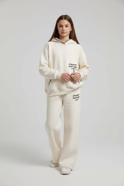 Girl's Hooded Embroidered Tracksuit Set, Cotton Sports Top and Bottom Set, Ages 9-12