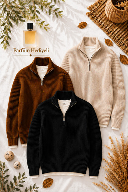 Men's 3-Piece Thessaloniki Knitted Half-Zip Knitwear Sweater + 100 ml Perfume Winter Thick Textured Stand Collar Premium Set