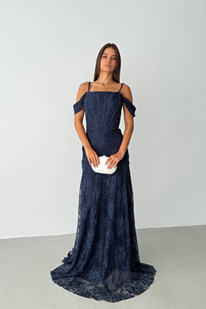 Navy blue lace-trimmed, underwire-enhanced, off-the-shoulder long evening gown
