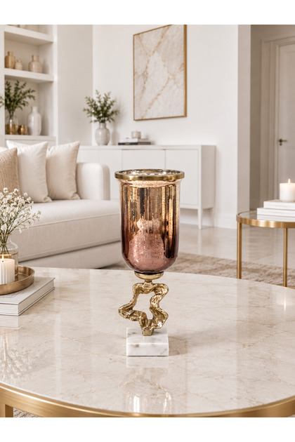 Dekoratif Gold Rose Cam Vazo – Pirinç Detaylı Mermer Tabanlı Salon Vazosu 33x14 cm