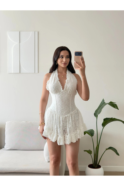 Halter Dantel Korseli Mini Elbise - BEYAZ