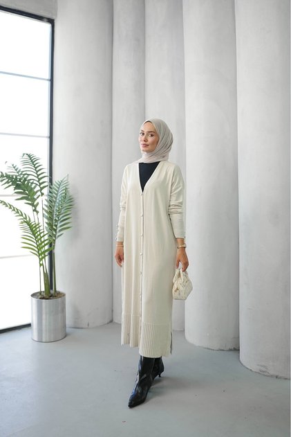 Button Detailed Mercerized Long Knitwear Cardigan Anka261040