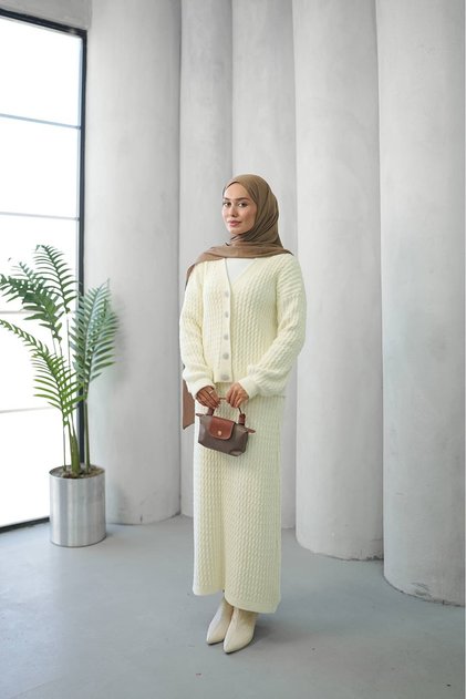 Button Detailed Felt Knitwear Cardigan Skirt Set Anka261041