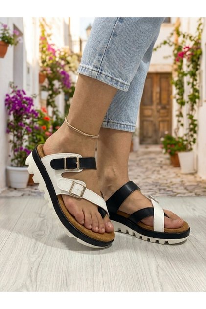 Women's White Black Flip-Flop Buckle Slippers