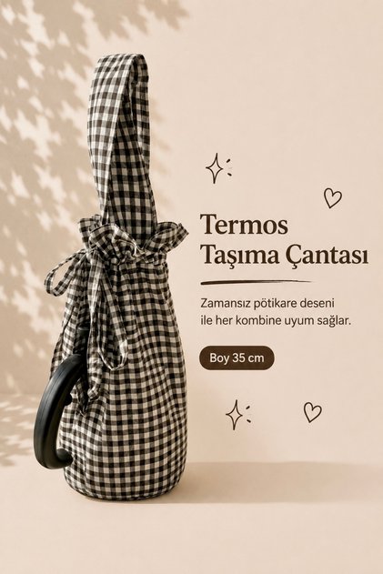 Siyah Beyaz Pötikareli El Yapımı Termos Piknik Taşıma Çantası Şık ve Kullanışlı
