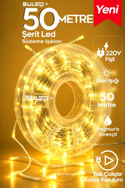50 Metre Led Süsleme Işığı Gün Işığı Sarı 220V Bahçe Balkon İç & Dış Mekan Ambiyans Aydınlatma Ledleri